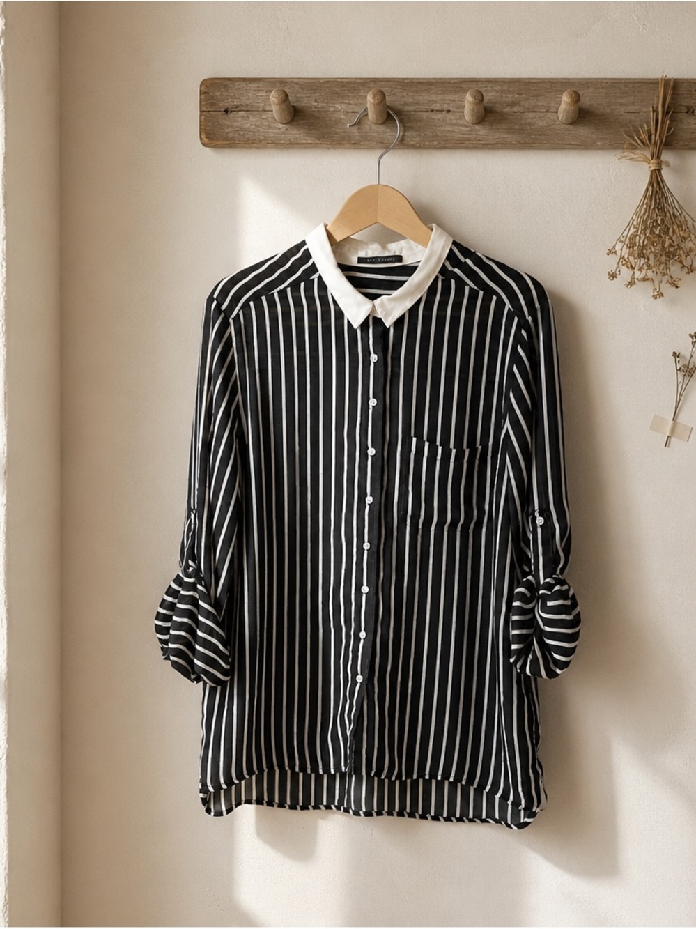 Suzy Shier Black and White Vertical Stripe Button-Down Shirt